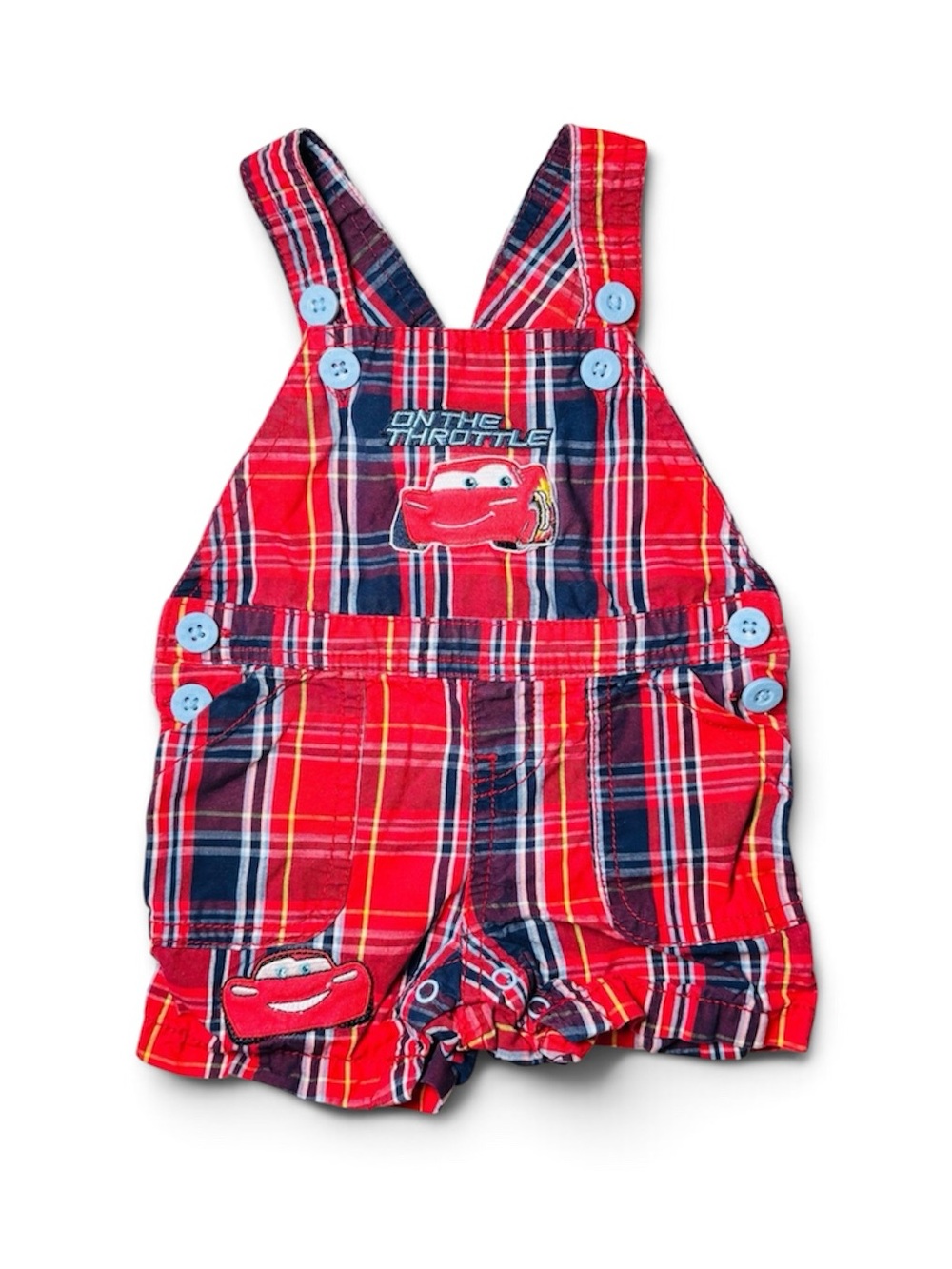 Official Disney Pixar Cars Lightning McQueen Plaid Shortall Overalls 0-3M Retro